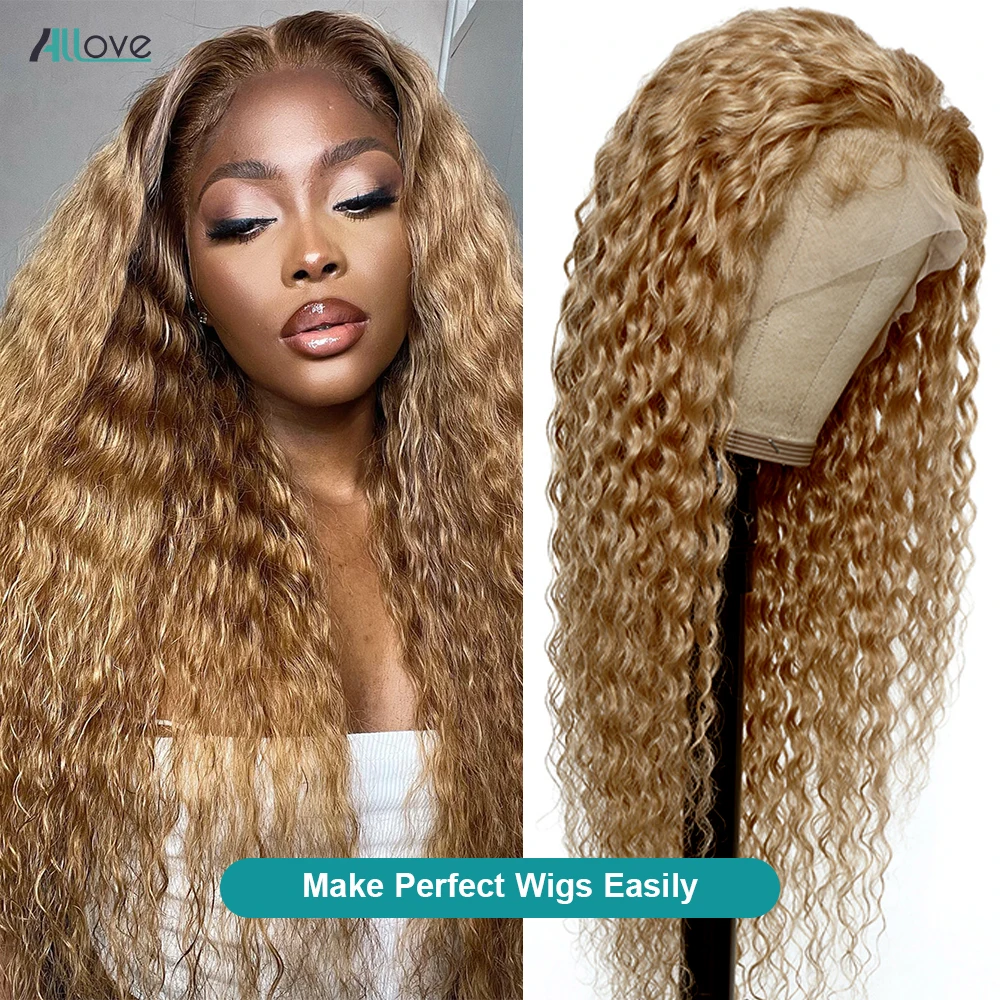 Allove 27# Honey Blonde Bulk For Braiding Brazilian Deep Wave Bulk Human Hair 1 3 4 Piece Colored Remy Hair Extensions For Women