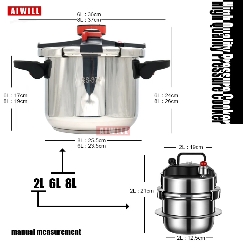 AIWILL 2L/6L/8L 3Gear Pressure Cooker 304 Stainless Steel Multifunctional Pressure-Limited Explosion-proof Quickly Cooking