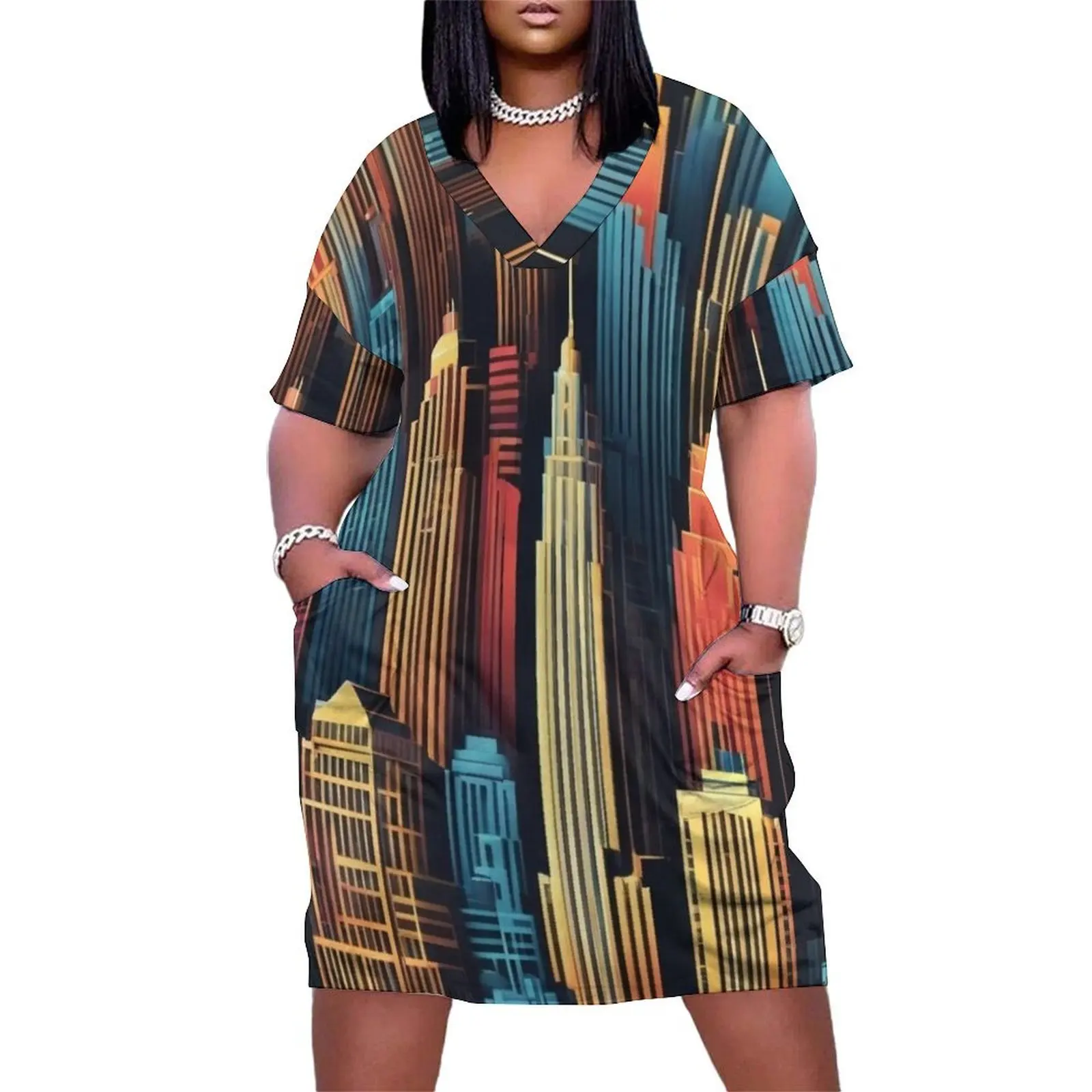 

Art deco city skyline Loose Pocket Dress womens dress dress