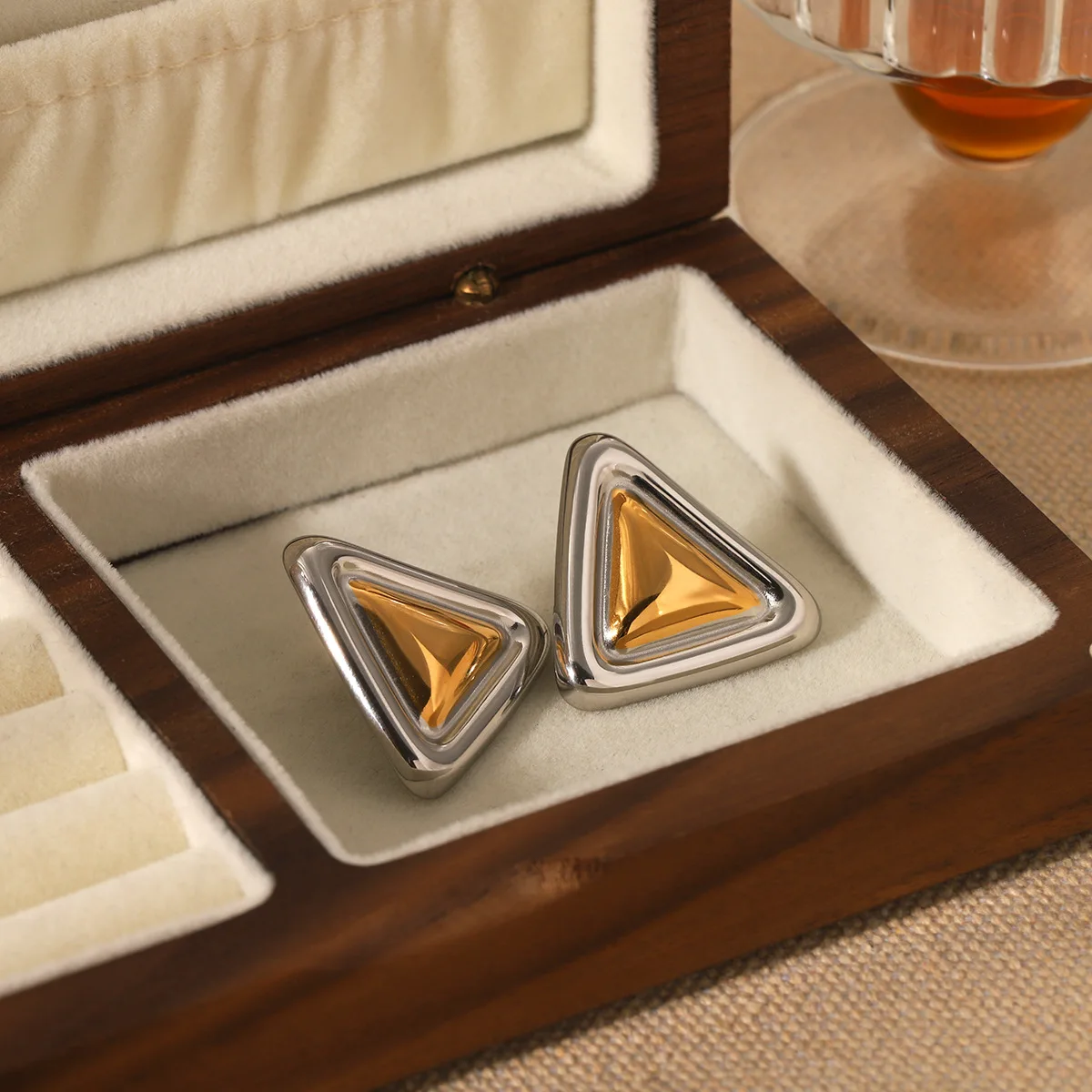 Minimalist Gold and Silver Color-block Triangular Stainless Steel Stud Earrings for Women, High-end Geometric Ear Jewelry