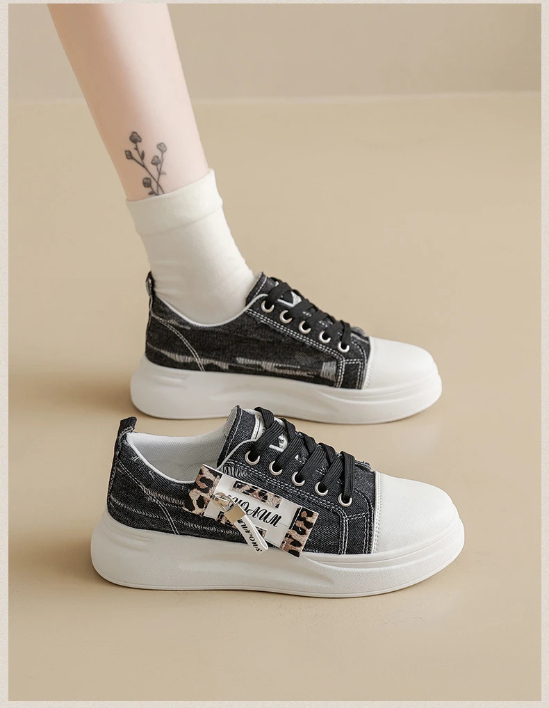 Neue Hip-Hop-Style Denim-Canvas-Schuhe Größe 43 Damen-Plimsolls mit Leoparden-Detail Niedrige Sneakers Damen Mode Freizeittrainer Turnschuhe – Detail 20