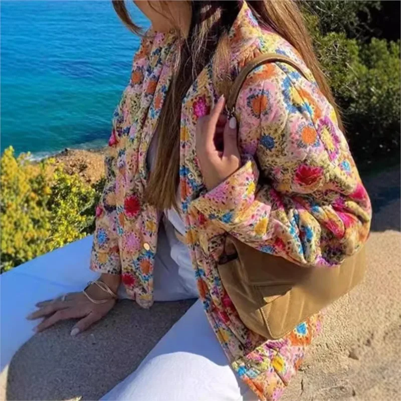 

Floral Print Cotton Coat Women 2025 New Autumn Winter Elegant Vintage Button Up Pocket Long Sleeve Jacket Coats Chic Outerwear
