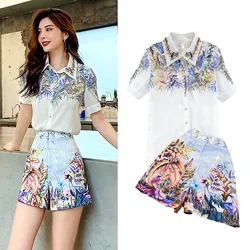 New Summer Women's Shorts Suits Bohemian Vintage Retro Print Short Sleeve Blouses Shirts And Floral Pants Shorts Suit Set NS643