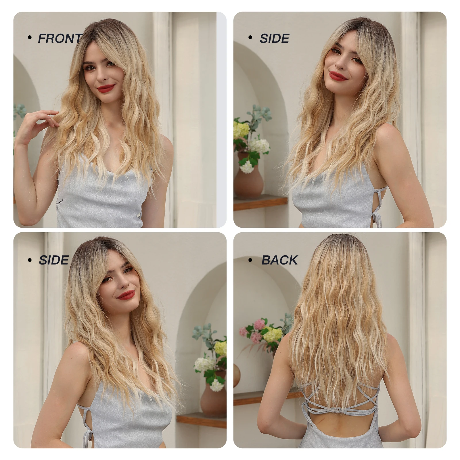 HAIRCUBE Długie faliste naturalne peruki dla kobiet Blond Ombre Kręcone peruki syntetyczne z grzywką i ciemnymi korzeniami Codzienne sztuczne peruki