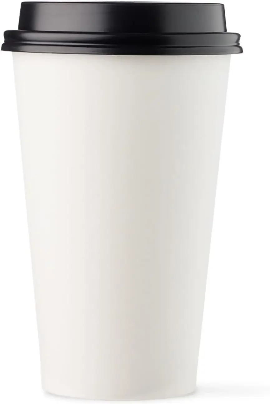 [1000 SET]HARVEST PACK 16 oz White Single Wall Disposable Paper Cups with Black Lids, Hot Drinks Water Coffee Tea Cocoa Cafe Cap