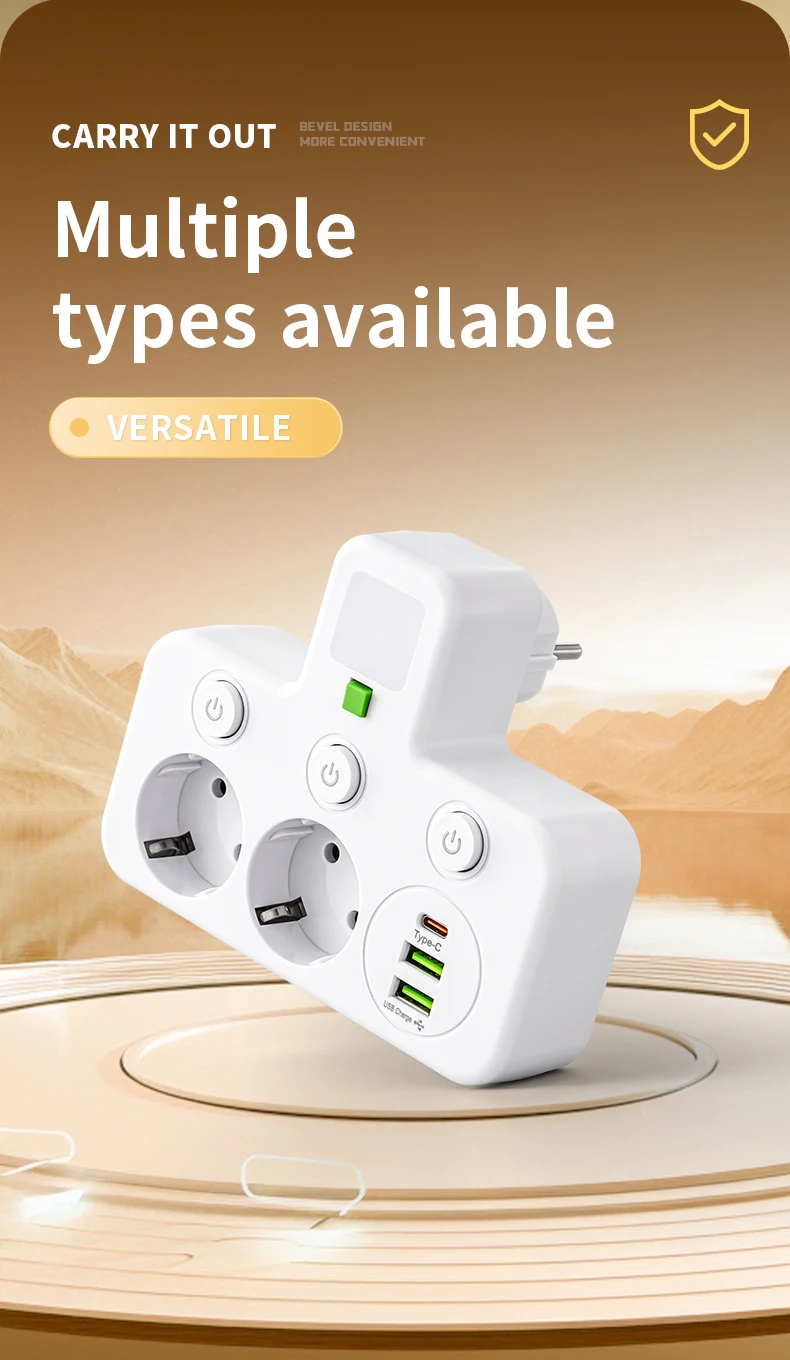 EU-Stecker-Steckdosenleisten. Zwei Spezifikationen mit oder ohne USB-Typ-C-Anschluss. Wandladegerät für das Heimbüro – Detail 15