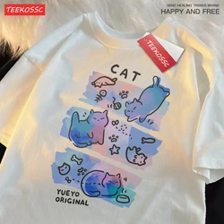 Colorful Three Cats Trendy Loose And Breathable Pure Cotton Summer Short Sleeved T-shirt Men Women Dreamy Fun Cat Cute Clothing