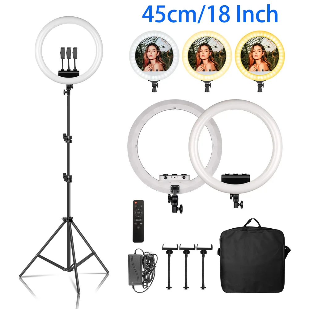 18 inch Ring Light LED Large Selfie Video Remote Control Tripod Stand Phone Clip YouTube Live Lighting Photo Photography Studio