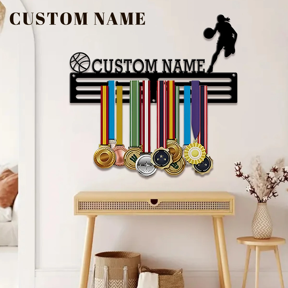 1pc Custom Contemporary Metal Medal Hanger Holder,Personalized Basketball Number Medal Display Rack for Sports Awards,Decor Gift