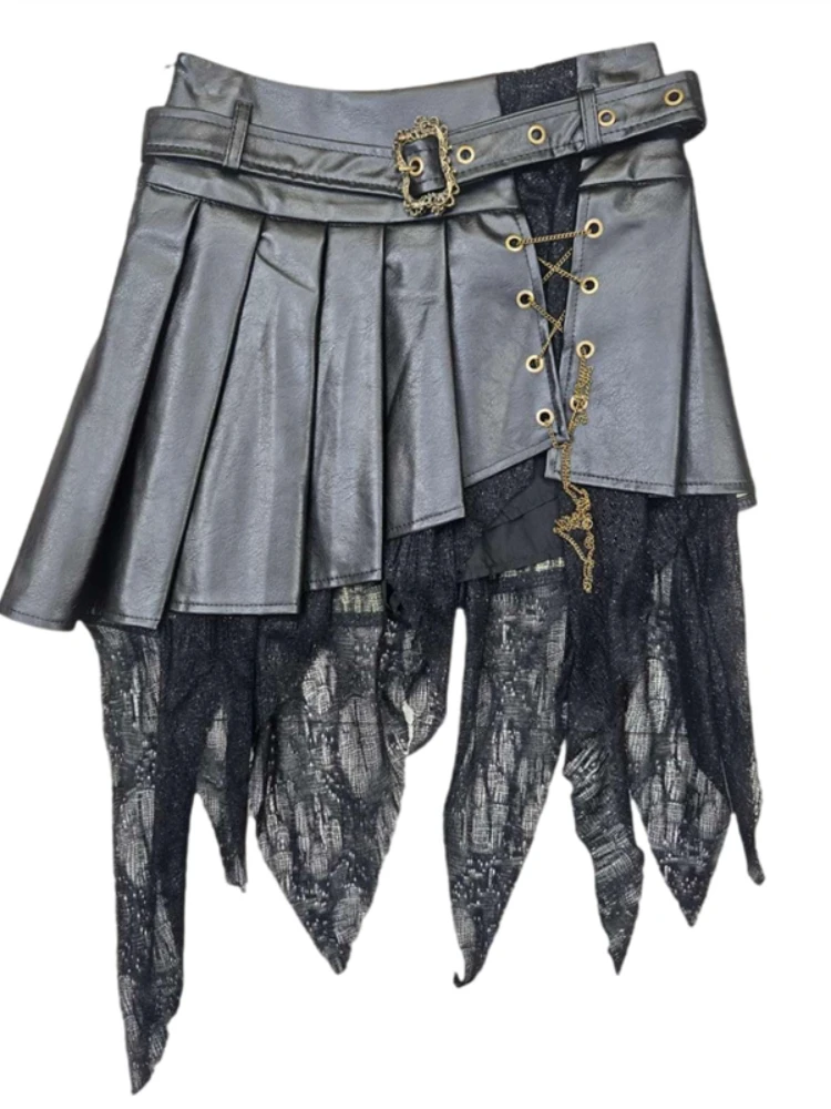 الأمريكية مثير الرجعية الدانتيل غير النظامية النساء عالية الخصر بولي Pu مطوي تنورة الخريف الشتاء جديد تنوعا سلسلة فضفاضة التنانير الموضة