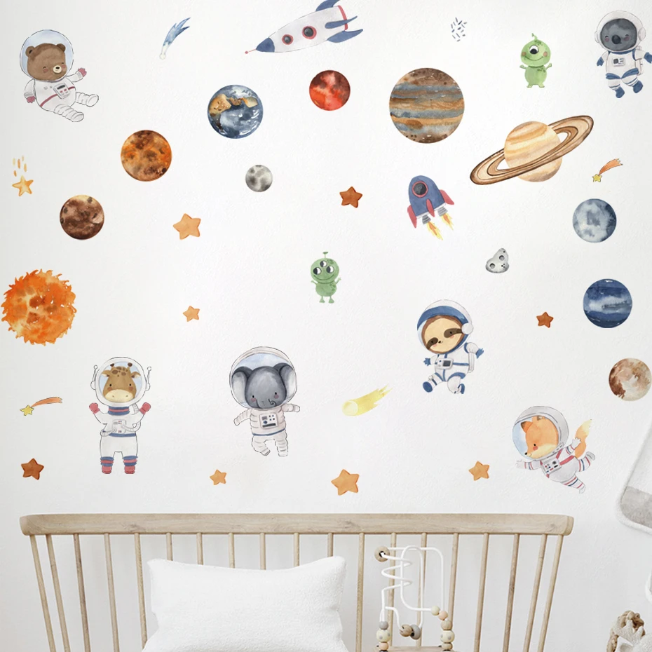 Cartoon Solar System Alien Astronaut Stars Wall Stickers for Kids Room Bedroom Reading Room Wall Decals School Nursery