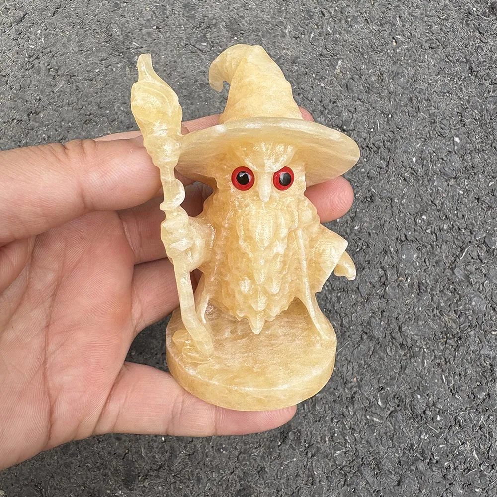 Custom-Natural Calcite Wizard Figurine, 9cm - Gemstone Fantasy Wizard Statue Tabletop Decor for Healing and Spiritual Protection