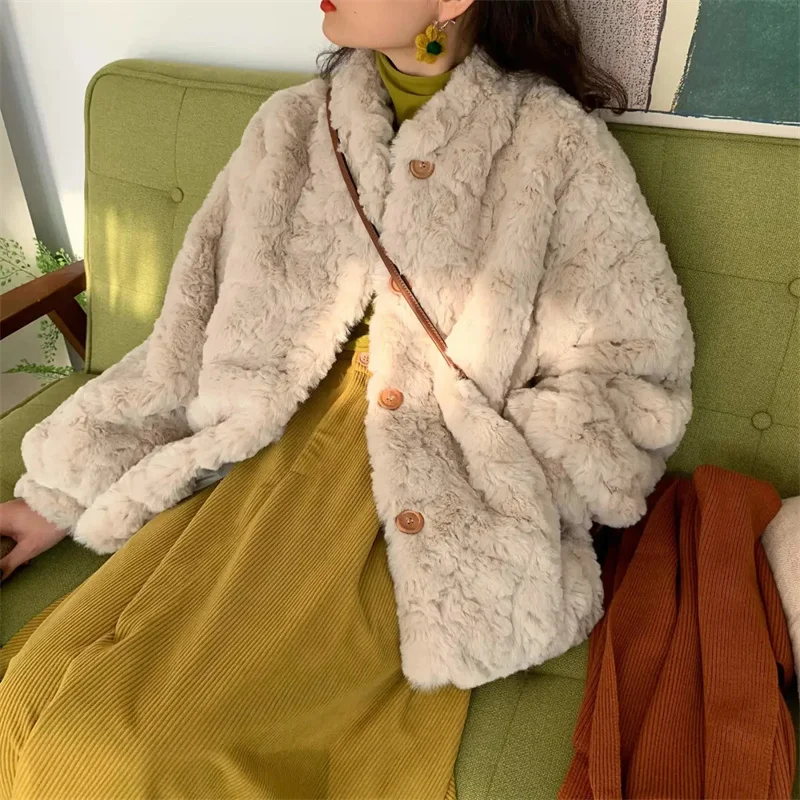 

2023 New Winter Small Fragrance Wind Korean Version Lmitation Rex Rabbit Fur Grass Coat Women's Short Thickened Warm Plush Coat