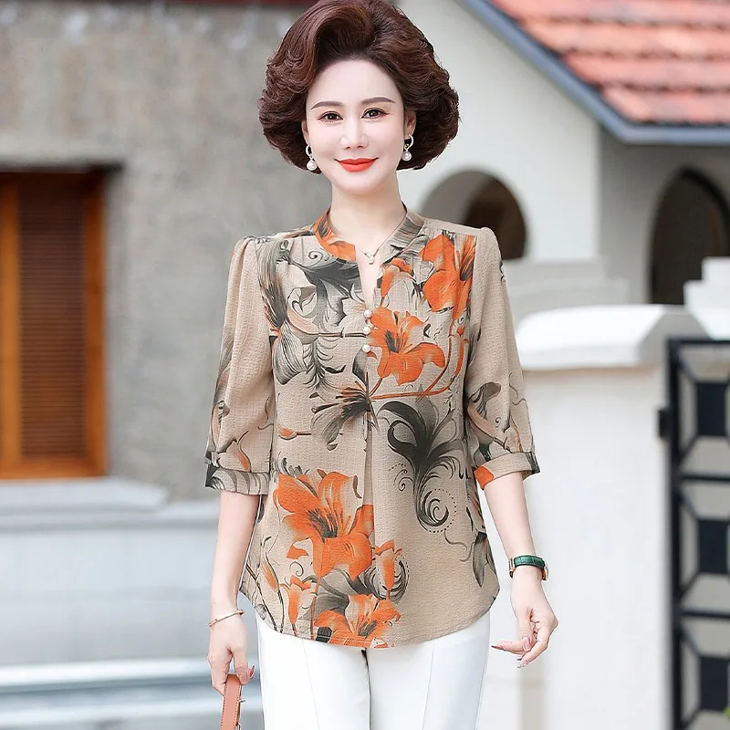 Summer Vintage Broken Flowers Blouse Commute Single-breasted Female Clothing Folk Casual Round Neck Half Sleeve Shirt