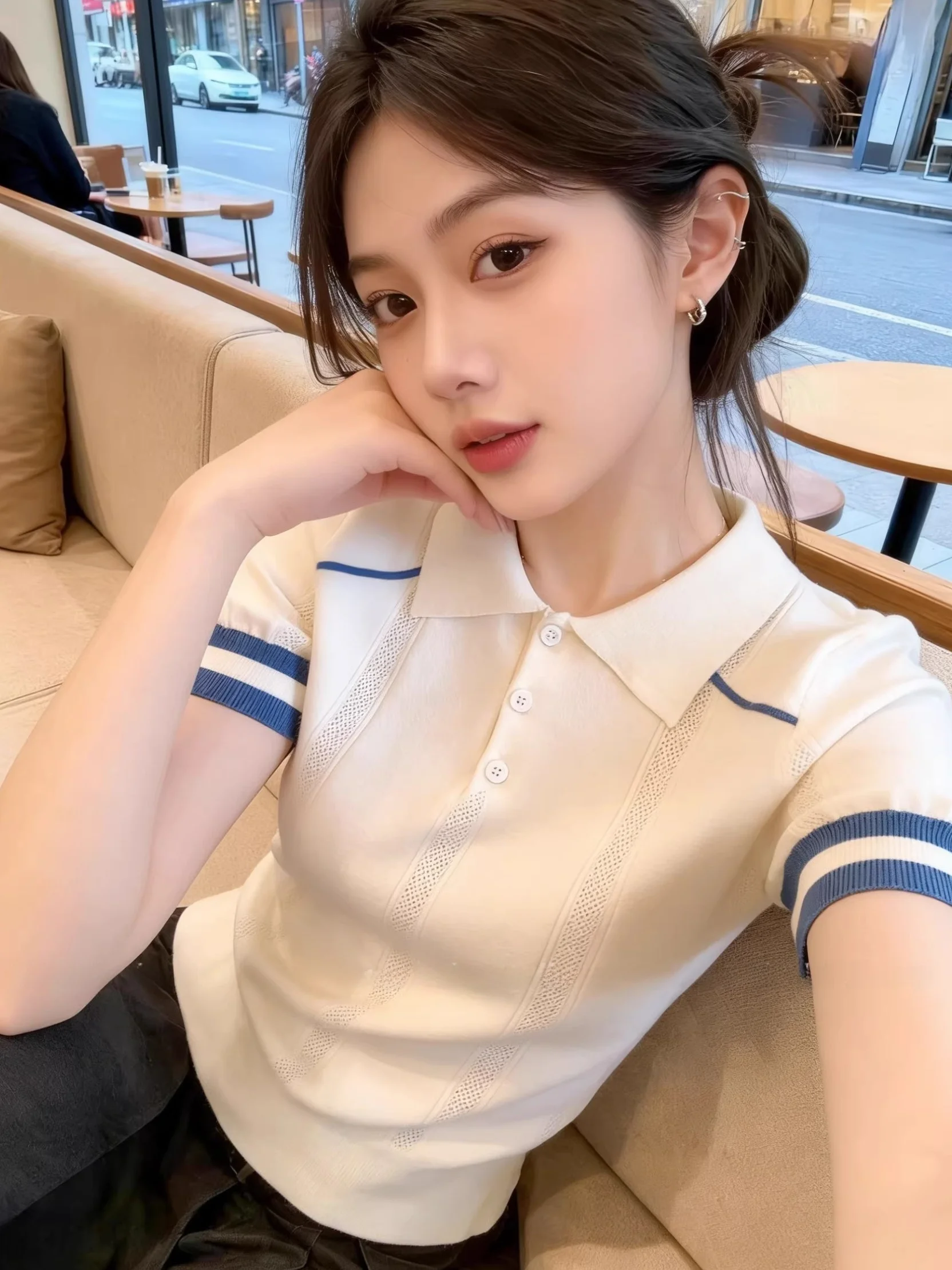

Women's Knitted Shirt Short Sleeve Turn-down Collar Striped Color Block Simple Versatile Design Summer 2026 New Style