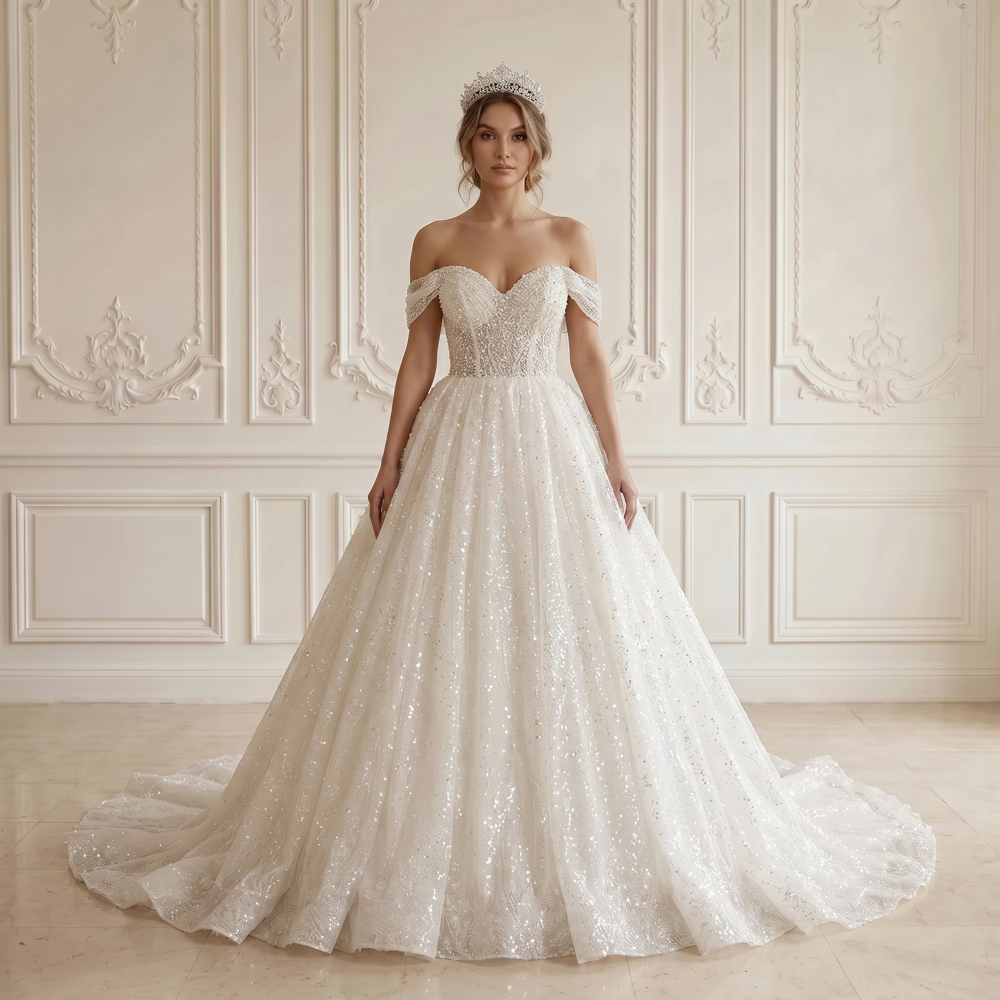 Off Shoulder Sweetheart Ball Gown Wedding Dress Full Sequin Glitter Tulle Beaded Corset Back Chapel Train Bridal Gown