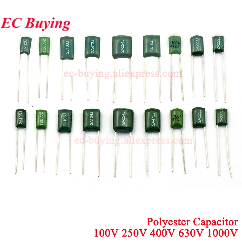 20-100Pcs 100V 폴리에스테르 필름 커패시터 330PF 470PF 560PF 102 222 472 103 223 333 473 104 1NF 2.2NF 10NF 22NF 47NF 100NF 0.1UF