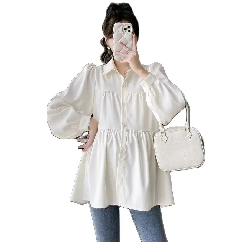 Korean Style Maternity Formal Shirts Long Sleeve Loose Turn-down Collar Button Fly Pregnant Woman Ball Gown Blouse Pregnancy Top