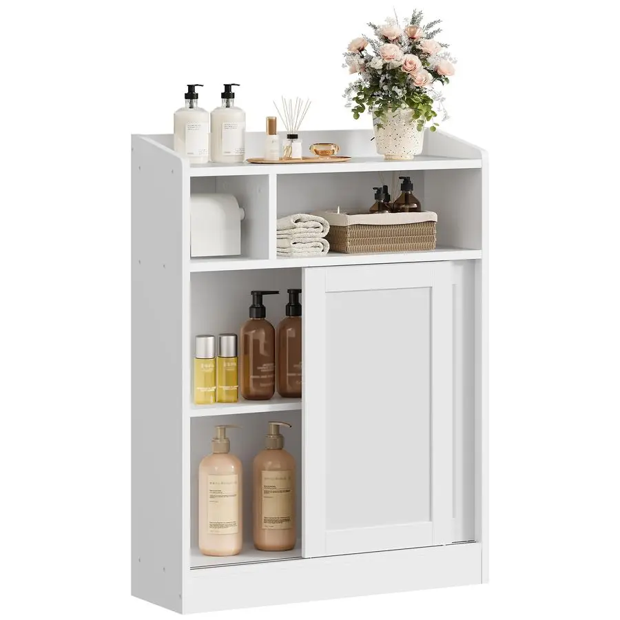 

CHOEZON Тонкий шкаф для хранения в ванной комнате, напольный шкаф в ванной комнате, органайзер для хранения с держателем для туалетной бумаги, раздвижные двери и реклама