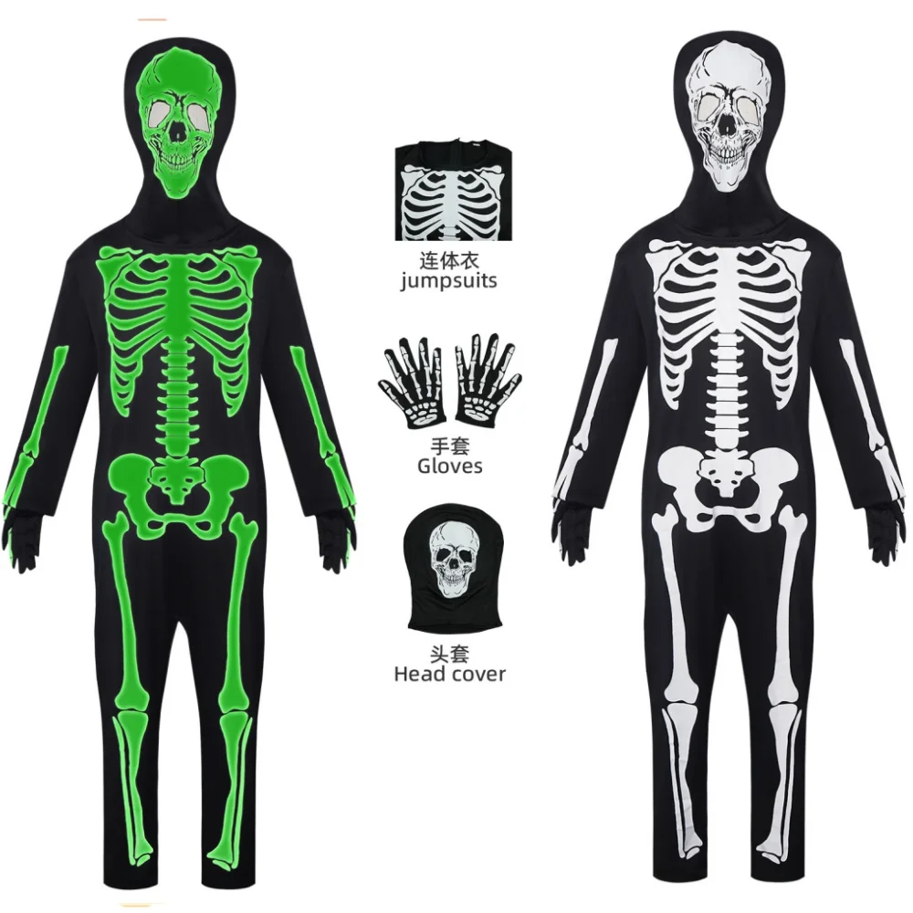 

Adult Kids Halloween Skull Costume Mask Ghost Jumpsuit Glow in The Dark Carnival Party Zentai Bodysuit Stage Performance Outfits