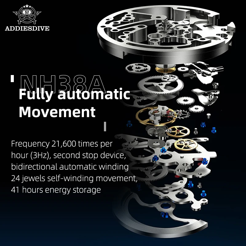 Addiesdive Explorer Skeleton Watch Automatic Men AD2111 NH38 Movement Sapphire 38mm Stainless Steel Mechanical Luxury Watch 100M