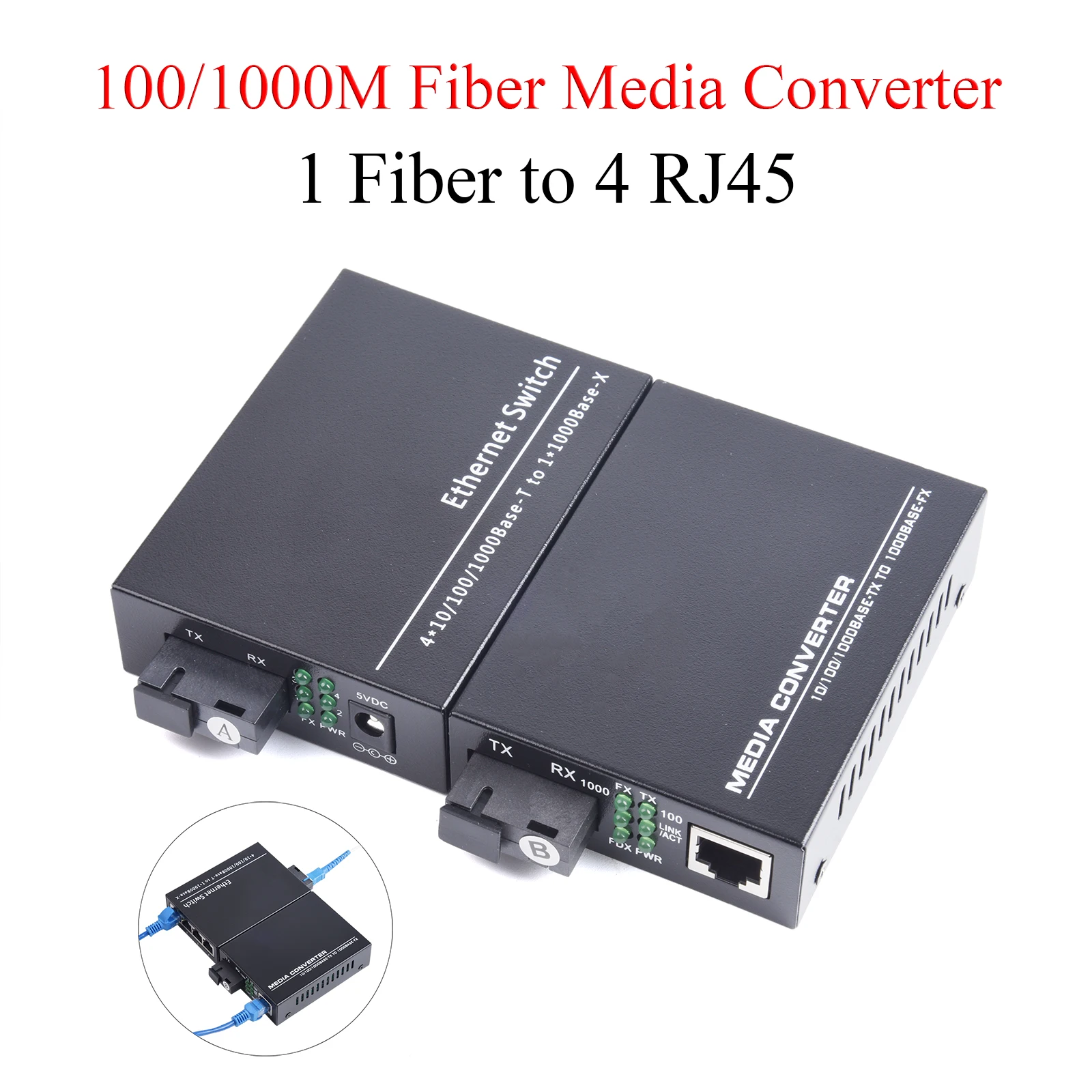 1 Pair Gigabit Fiber Optical Media Converter 10/100/1000Mbps Single Mode 1 Fiber to 4 RJ45 UPC/APC SC-Port US Power