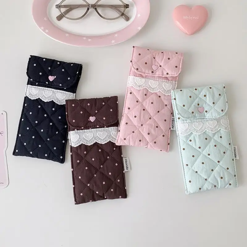 Niedliches Stiftetui mit Polka-Dot-Muster, gesteppte Brillentasche mit Spitzenbesatz, weiches Schutzfutter, tragbare Aufbewahrungstasche, Schreibwaren-Tasche – Detail 9