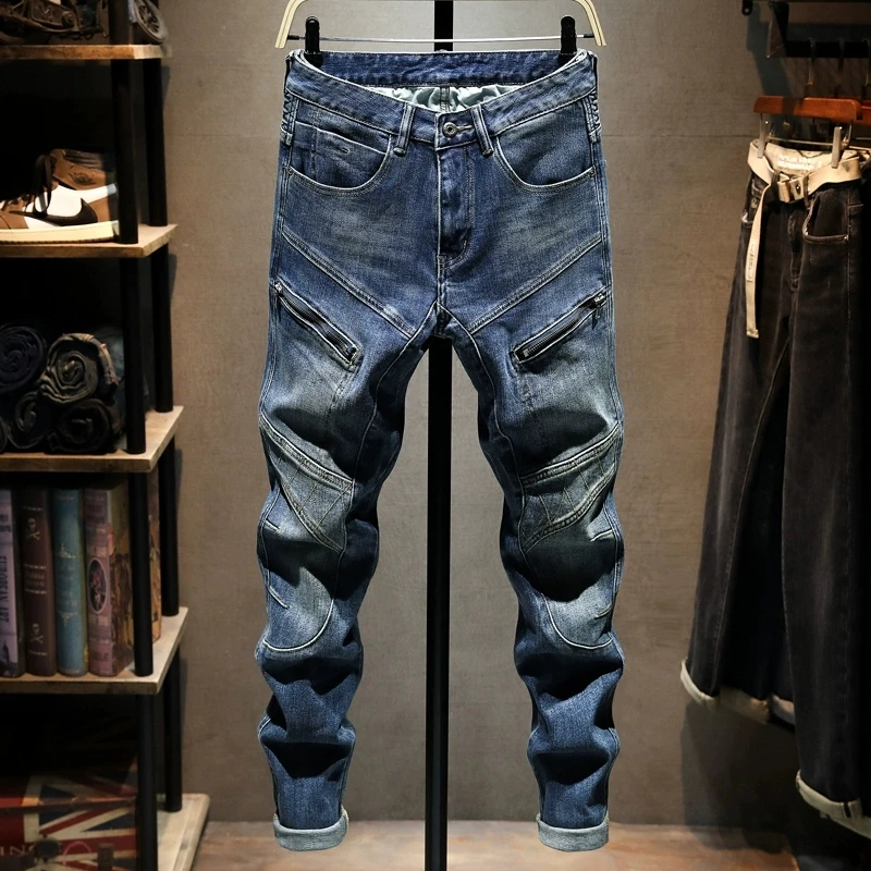 Italian designer fashion new retro blue jeans slim fit elastic zipper decoration splicing motorcycle jeans Y2K