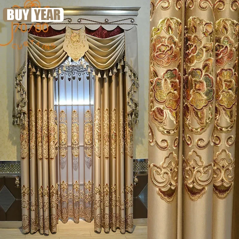 

New High-end European-style Palace Gold Embroidered Luster Embroidered Window Screen Curtains For Living Room Bedroom Villa