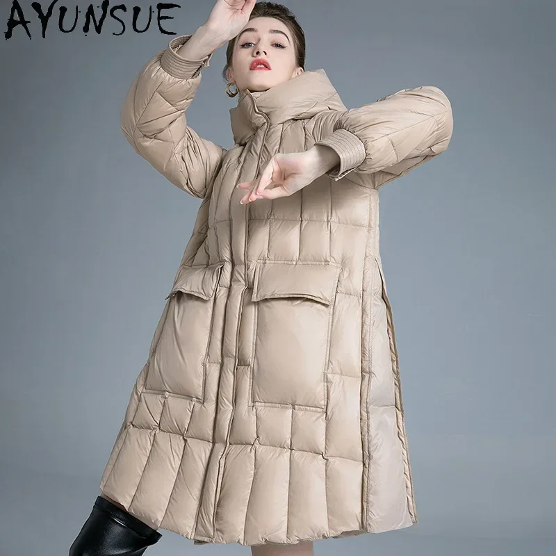 AYUNSUE White Duck Down Puffer Jacket Women High Quality Long Down Coats with Hood Winter Luxury Clothes Loose Fit Пуховики 2024