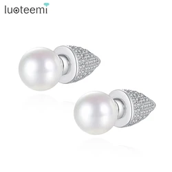 LUOTEEMI Detachable Cubic Zirconia Luxury Earring Imitation Pearl Taper Spike Picerced Stud for Women Party Dating Daily Jewelry