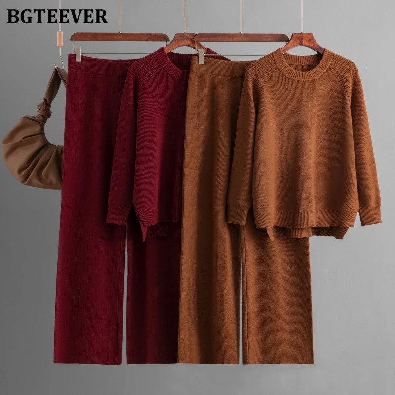 BGTEEVER Winter Warm Female 2 Pieces Sweater Set O-neck Long Sleeve Knitted Pullovers Women Knitting Trousers Suits