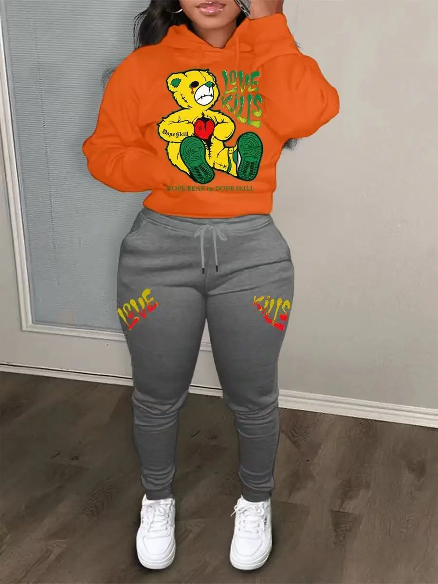 2025 New Fun Fashion Printed Women's Sports Shirt Set Hooded Pants Set Women's Slow Running Sports Shirt Two Piece Set