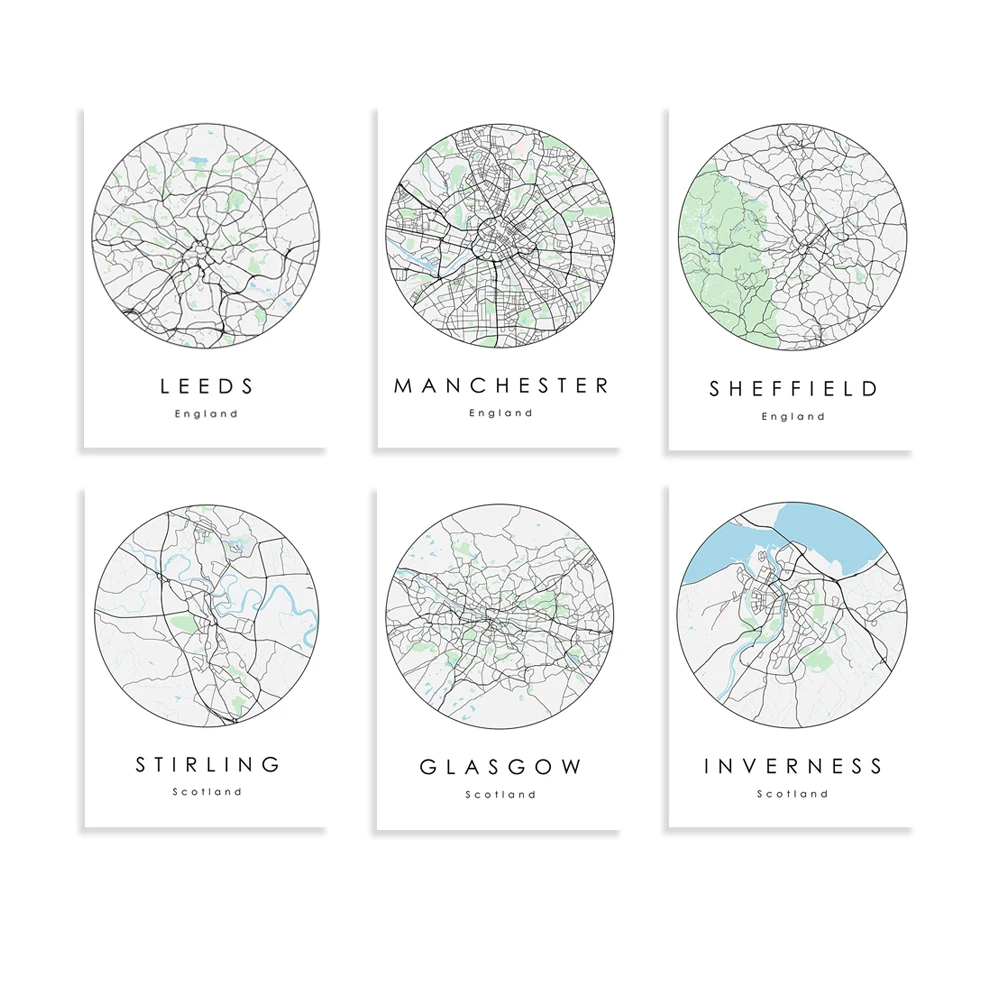 Belfast, Londres, Invereza, Stirling, Edinburgh, Liverpool, Manchester, Dublin, mapa de Nueva York, mapa minimalista