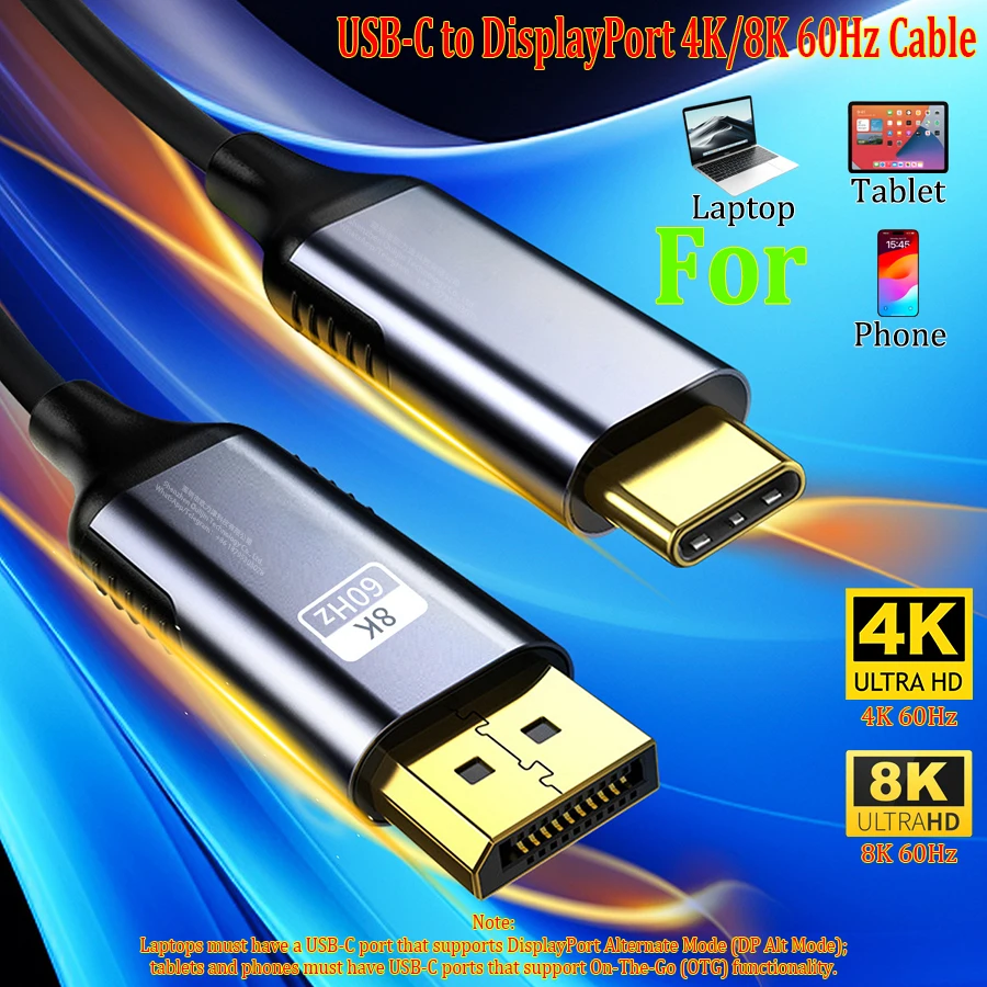 كابل USB-C إلى DP من النوع C إلى DisplayPort محول 4K/8K 60Hz مع كابل Thunderbolt 3/4/5 بطول 180 سم لأجهزة الكمبيوتر المحمولة MacBook Huawei Matebook