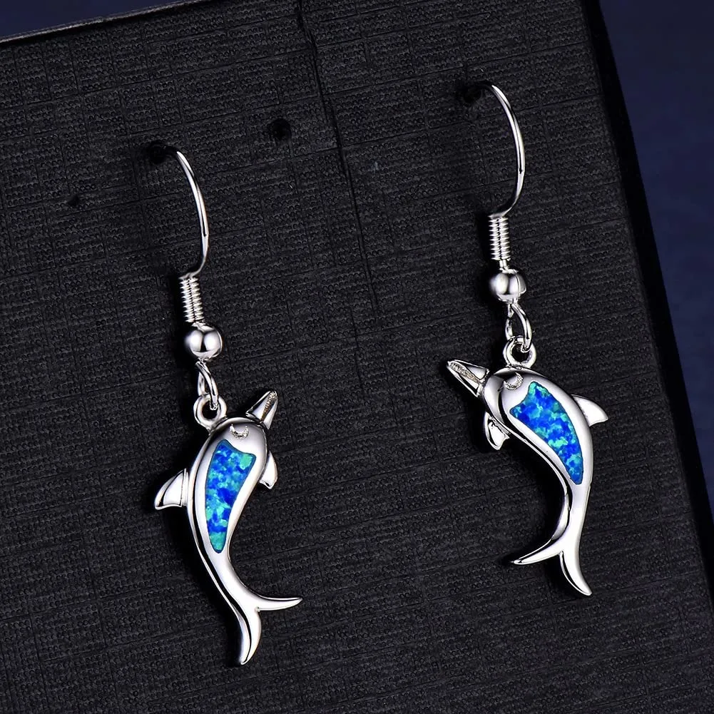 Trendy Cute Sea Animal Dolphin Drop Earrings for Women Imitation Blue Fire Opal Pendientes Dangle Earrings Wedding Party Jewelry