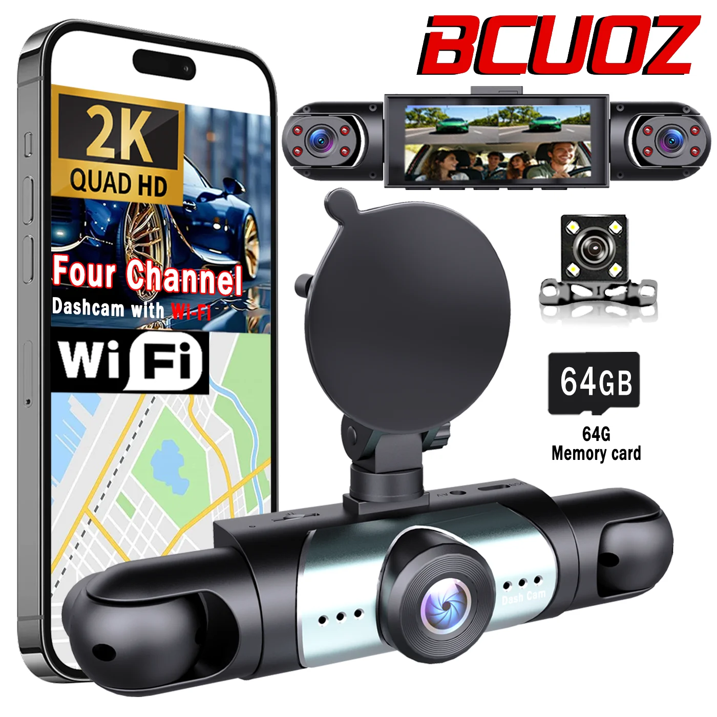 

Видеорегистратор 2K, 4-канальные передние/задние/левые/правые камеры, инфракрасное ночное видение, циклическая запись, 3,16-дюймовый IPS-дисплей, в комплект входит 64G