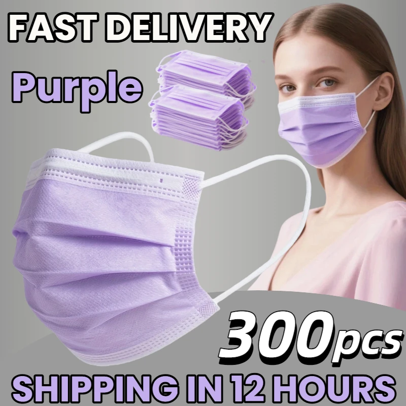 Fast Delivery! 300Pcs Thick Purple Disposable Protective Masks - 3-Layer Breathable and Comfortable, with Adjustable Ear Loops and Secure Nose Pads - 200/100/50/10 Pieces, Affordable for Home Use, Can Be Purchased in Bulk, Suitable for Outdoor Use, Home, Commuting, Office, School, Unisex