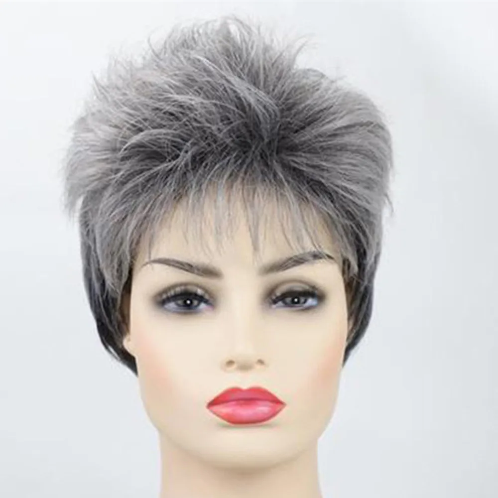 Peluca corta sintética para mujer, pelo esponjoso gris Natural, pelo suave para mamá, uso diario, pelo liso texturizado para fiesta, disfraz de Cosplay