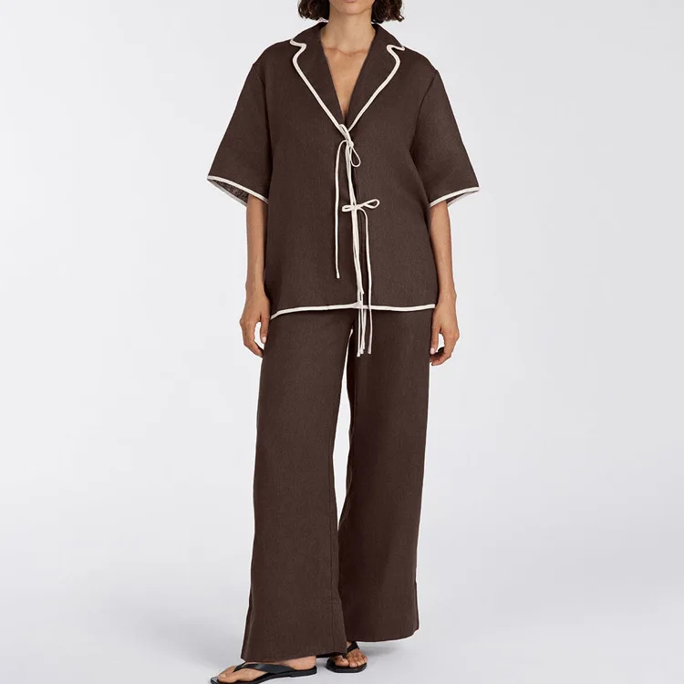 

2025 New Casual Female Nightwear Suit Half Sleeve Nightgowns Turn-Down Collar Pajama Lace Up Nightie Pants Women Sleepwear Set