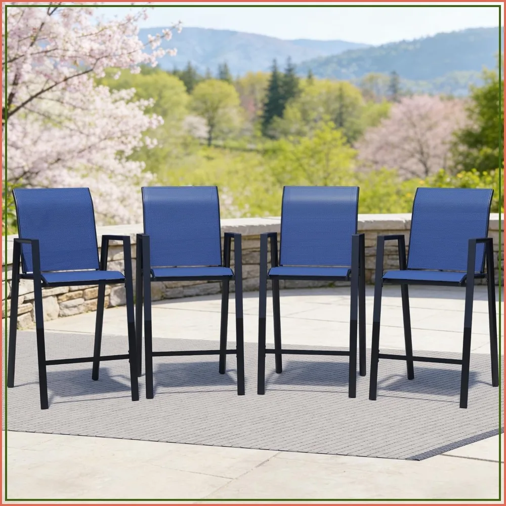 Outdoor Bar Stools Set of 4 Stackable Patio Bar Chairs High Back for Lawn Garden Blue