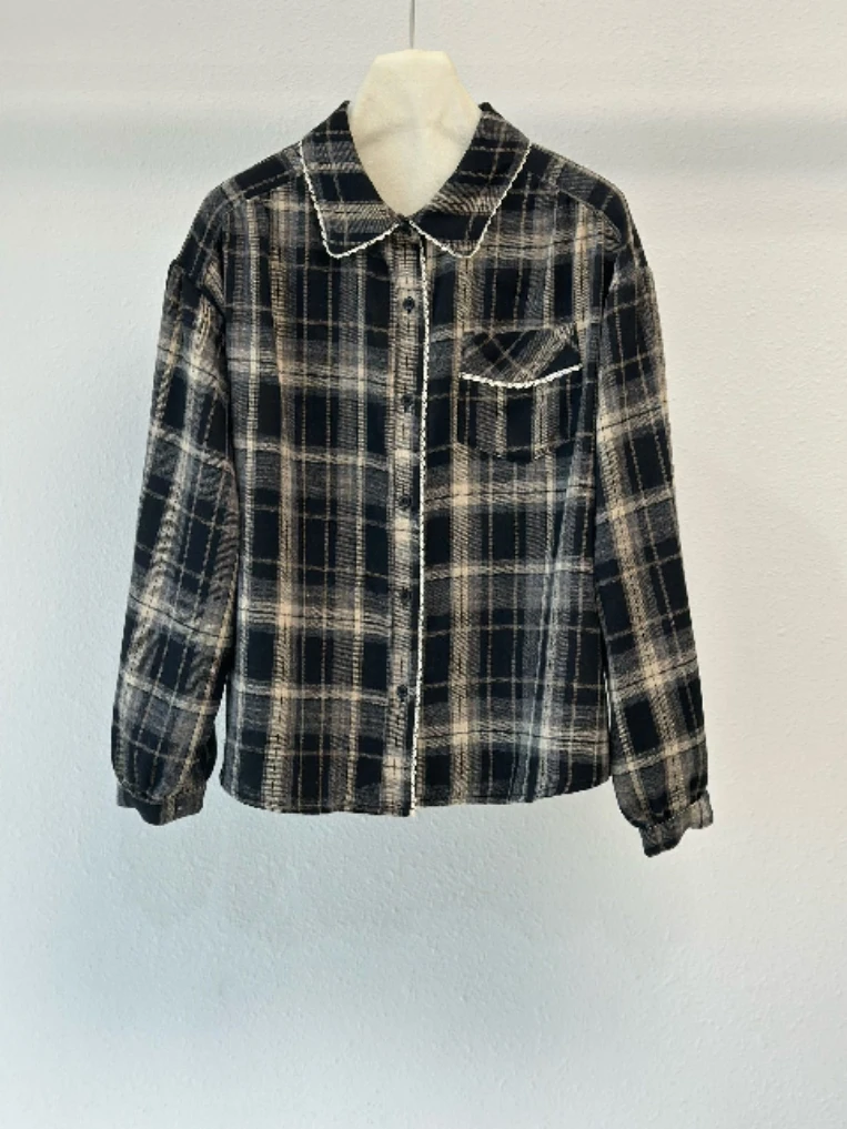 

Женская повседневная рубашка в клетку с длинным рукавом, кружевным воротником и отделкой, свободного кроя, из дышащего хлопка, для повседневной носки