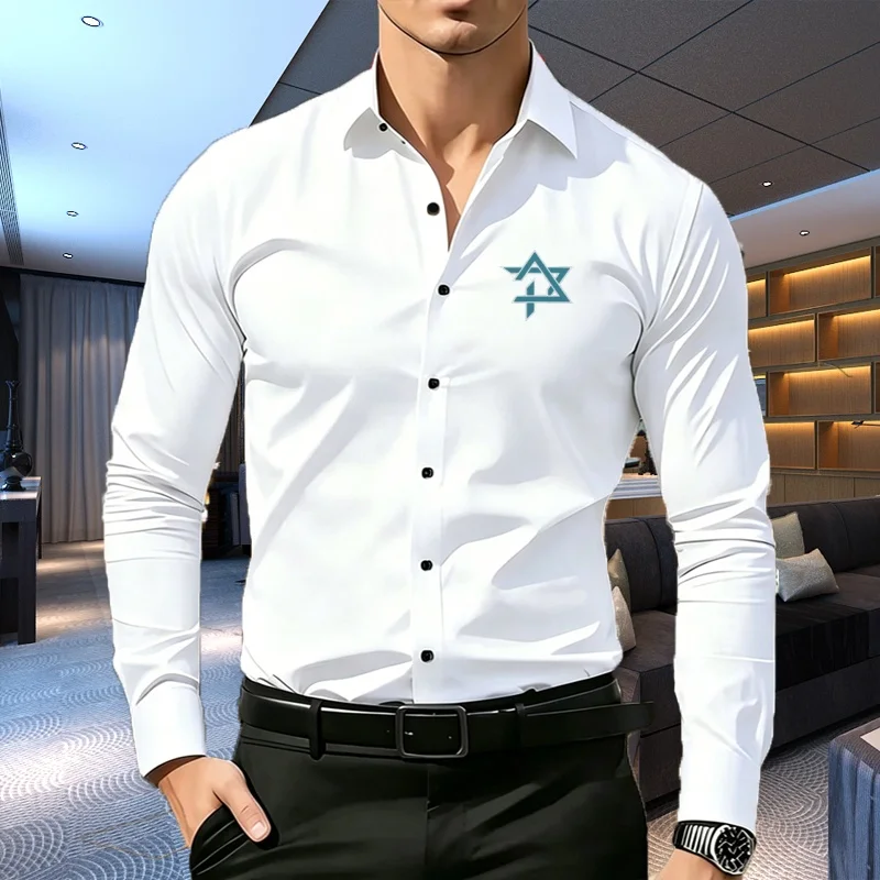 Men's Premium Business Casual Shirt with LOGO Print Slim Fit Long Sleeve Wrinkle Resistant Dress Shirt Multi Styles Available