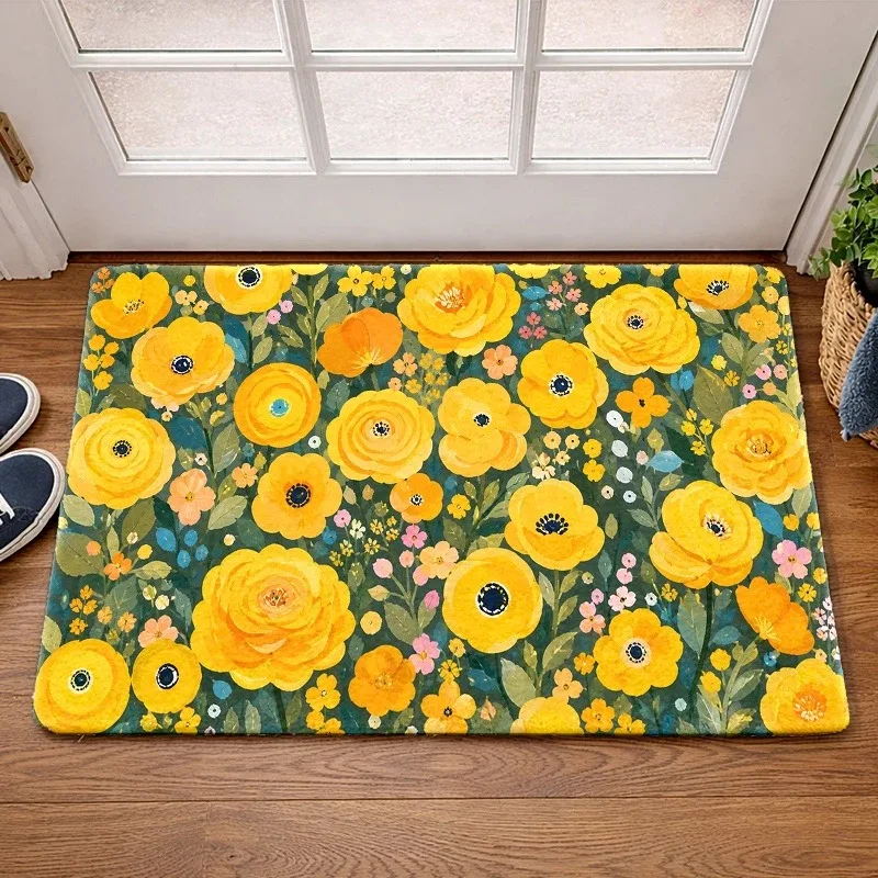 Spring Floral Doormat Dark‑Green Base Yellow Multicolor Tiny Blossom Non‑Slip Floor Rug Garden Decor Mat for House Entryway