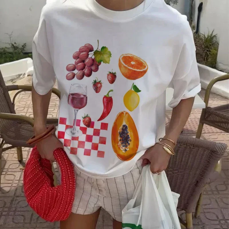 Vintage Cute Fruit Wine Printed Graphic Tees Women Oversized Y2k Aesthetic Foodie T-Shirts Grunge Streetwear Top Female Clothing