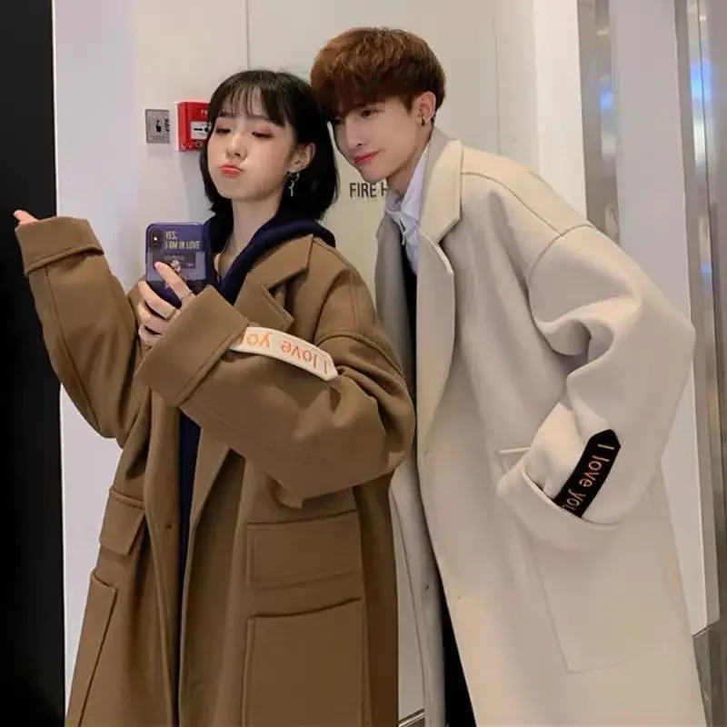 New winter couple wear mid length woolen coat men Korean style new Hong Kong style trendy coat student versatile windbreaker y2k