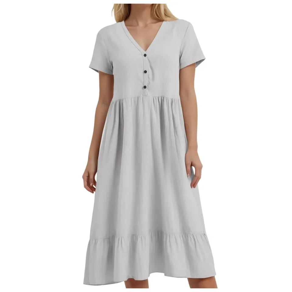 

Plus Size Dresses For Women Summer Short Sleeve V Neck Long Flowy Beach Dress Women Casual Soild Color Pleated Loose Maxi Dress