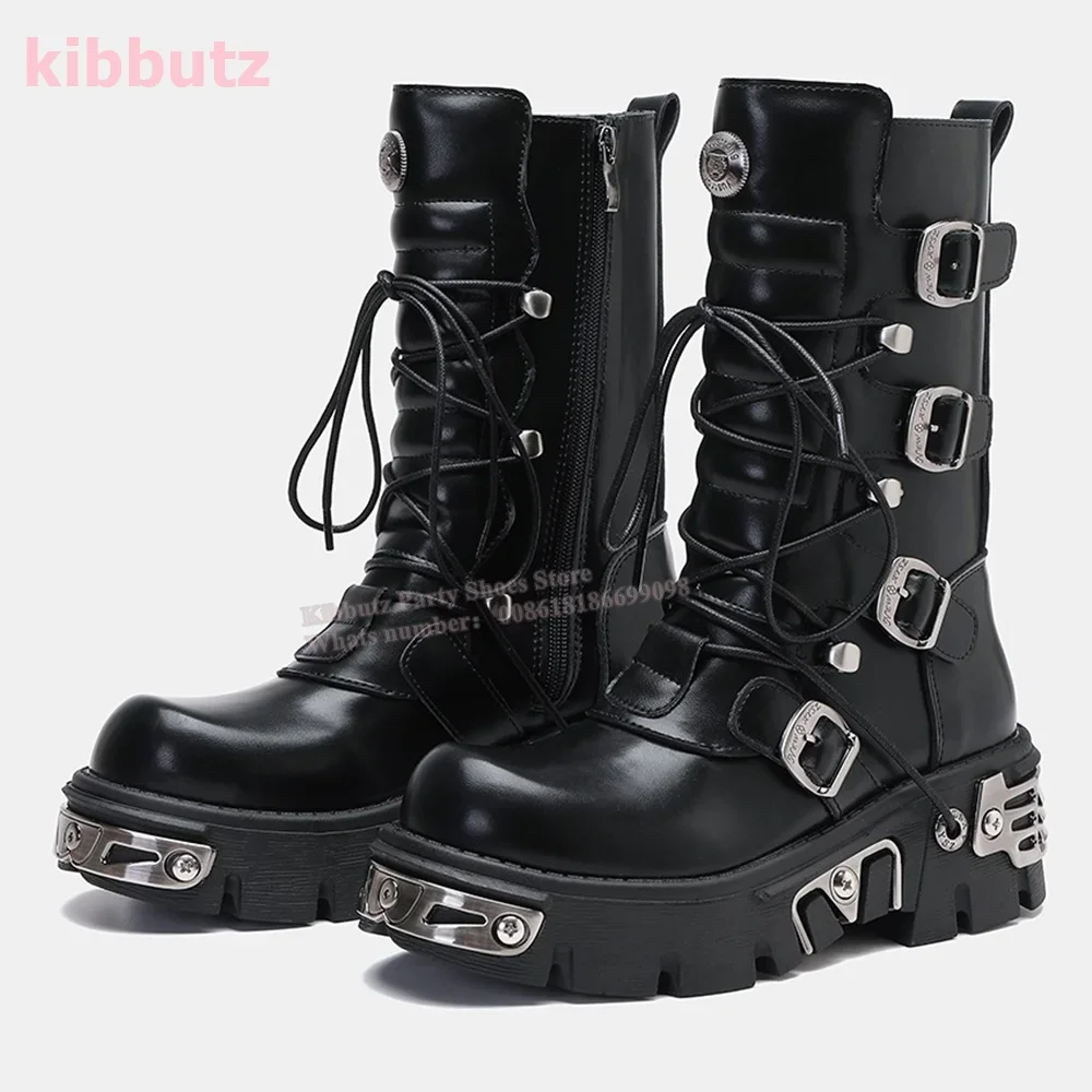 โลหะหนาด้านล่างกลางลูกวัวรองเท้าบูท Dark Rock Punk เข็มขัดหัวเข็มขัดรอบ Toe ความสูงเพิ่ม Lace - up Zipper รองเท้าแฟชั่นผู้หญิงใหม่ล่าสุด