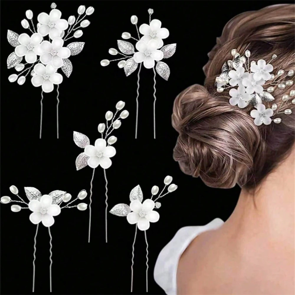 

5 шт./1 комплект украшенных свадебных заколок для волос, U-образные заколки для волос с хрустальными цветами и заколками в форме головных уборов, подходящие для элегантных свадеб