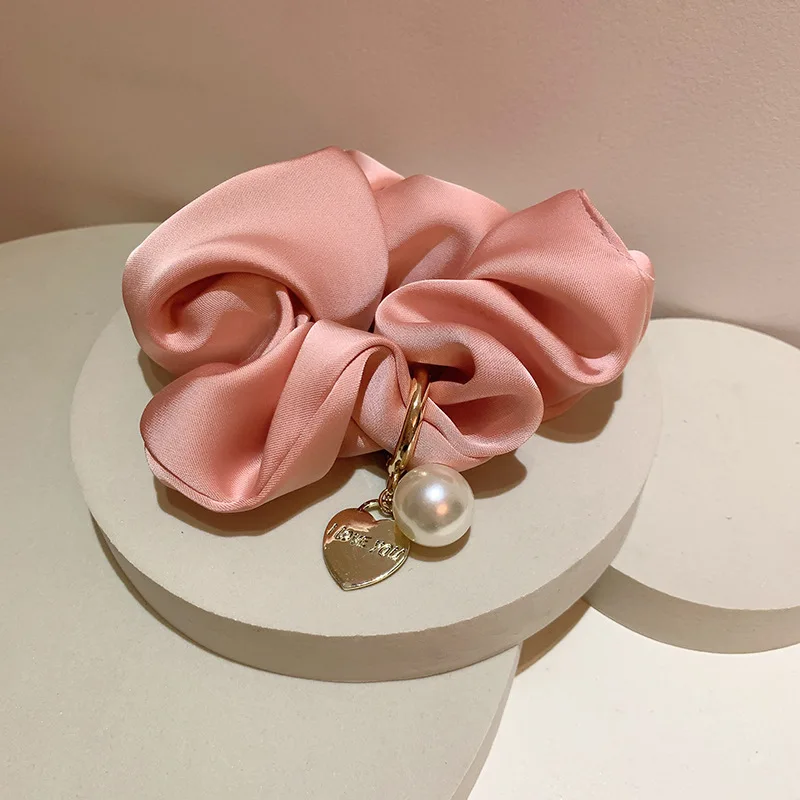 1pcs Vintage Satin Silk Solid Color Scrunchies for Hair Girls With Gold Color Heart Pearls for Women Hair Accessories Hairties